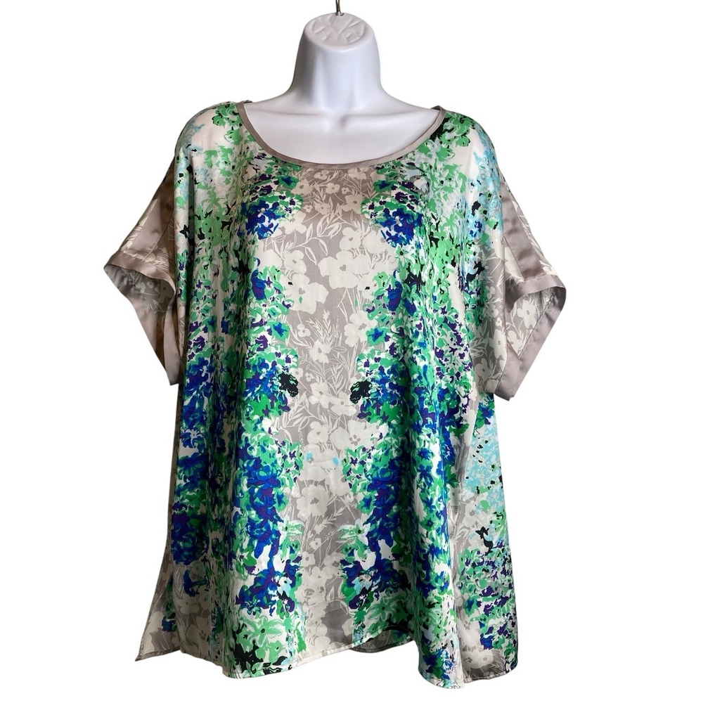 Coldwater Creek Women's Blue Green Floral‎ Satin Blouse Size 1X Flowy Boho Fairy